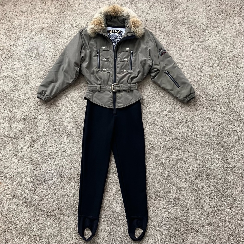 NILS Vintage Skiwear Ski Suit One Piece Snowsuit Snow Bunny Bib Fur Collar Retro